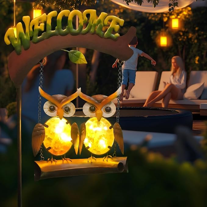 Solar Lights Outdoor Decor, Owl Swing Garden Decor, Owl Gifts for Women Mom, Whimsical Garden Lights Outdoor Decorations with Welcome Sign for Outside Patio Yard Lawn Decor-48inch