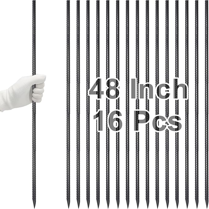 VVOKGO Rebar Stakes 48 Inch 16-Pack Concrete Form Stakes Heavy Duty Straight Ground Anchors, 3/8" Diameter Metal Steel Spikes with Chisel Point End for Plant Support, Garden Border,Landscape Edging