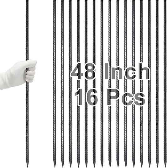 VVOKGO Rebar Stakes 48 Inch 16-Pack Concrete Form Stakes Heavy Duty Straight Ground Anchors, 3/8" Diameter Metal Steel Spikes with Chisel Point End for Plant Support, Garden Border,Landscape Edging