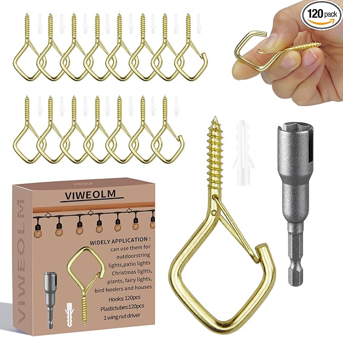 120 Pcs Gold Eye Hooks Screw Heavy Duty,Ceiling Hooks for Hanging Plants,String Lights,Cup,Wind Chime,Bird Feeders. Plant Hanger Indoor&Outdoor