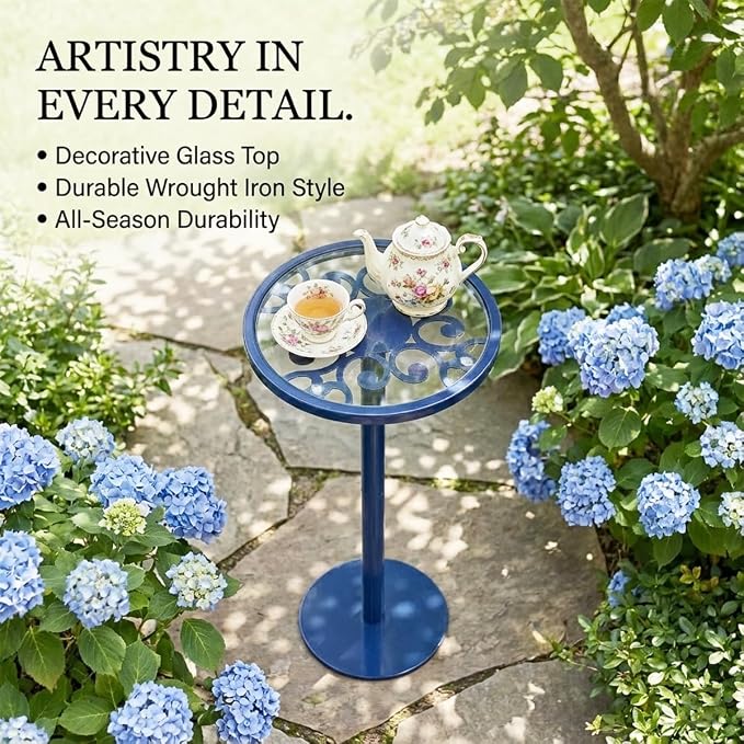 Navy Blue Drink Table, Indoor Outdoor Small Round Side Table with Tempered Glass & Scroll Design, 24.7" Metal Pedestal End Table for Living Room,Patio, Pool, Coastal Nautical Decor (Navy Blue)