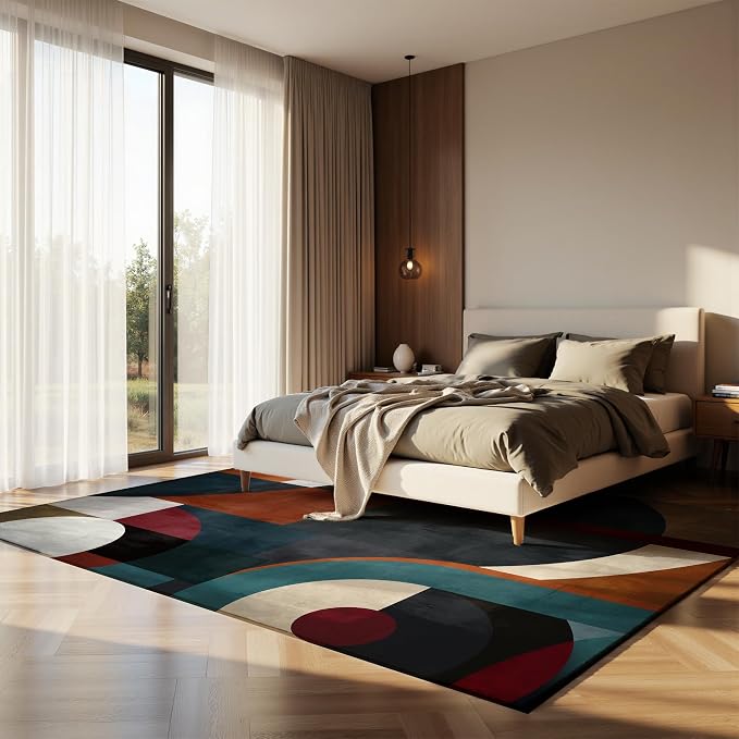 Nayoroom Modern Abstract Geometric 8x10 Area Rug, Soft Faux Wool Non-Slip Washable, Mid Century Vintage Retro Multicolor Geometric Rug for Living Room Bedroom