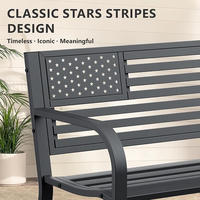 Outdoor Garden Bench with Classic Stars and Stripes Metal Backrest 2 Pack, Metal Bench, 2-Person Patio Bench for Outside Seating, Cast Iron Steel Porch Yard Lawn Furniture, Black