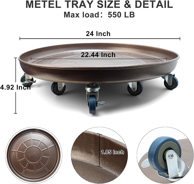 1 Pack 23 Inch Metal Plant Caddy With Lockable Wheels,Plant Stand Dolly for Heavy Planter,Wheeled Planter Saucer Tray,Rolling plant stand,Heavy-Duty Plant Caddy for Indoor and Outdoor(Copper)