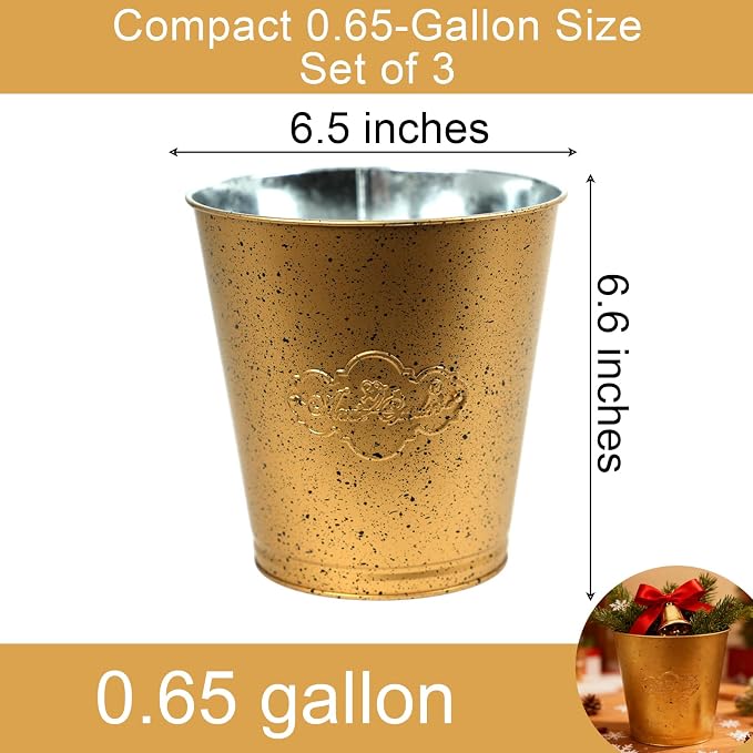 3 Pack Gold Metal Buckets, 6.5" x 6.6" Galvanized Decorative Pails for Floral Arrangements, Plant Pot Covers, Party Favors, Wedding Table Decor and Small Storage