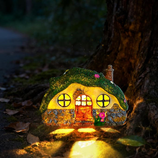 Solar Fairy Garden House, Outdoor Resin Statues, Outdoor Figurine Lights, Fairy Houses for Outside, Garden Statues House, for Patio, Yard, Balcony Decoration