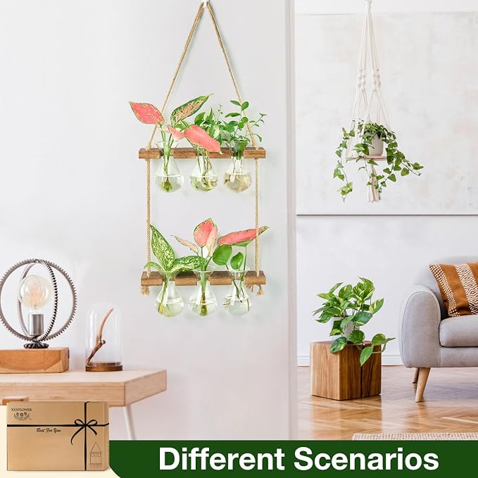 XXXFLOWER Wall Hanging Propagation Station with Wooden Stand 3 Bulb Vase 2 Tiers Planters Wall Terrarium for Home Office Plant Hanger Flower Vases Wall Decor(Brown)