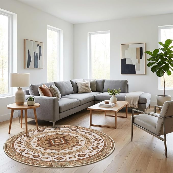 3ft Round Southwestern Rug, Geometric Tribal Pattern, Non-Slip Mat | Stain-resistant and machine-washable design for easy care, complemented by reinforced edges for lasting durability.