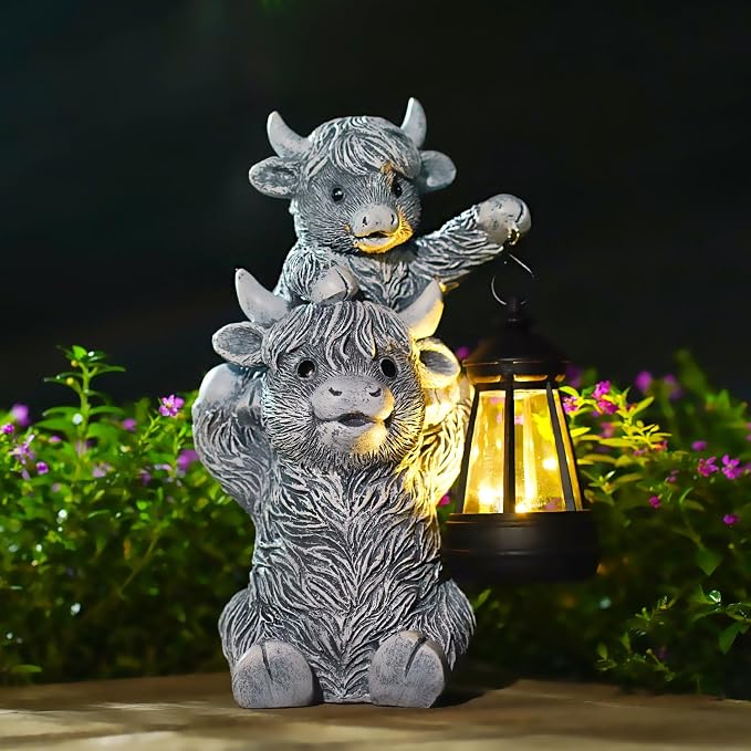 Highland Cow with Solar Lantern Garden Statue | 9.5 inch size, durable resin material, warm LED glow, unique gift for women & moms, perfect patio decor