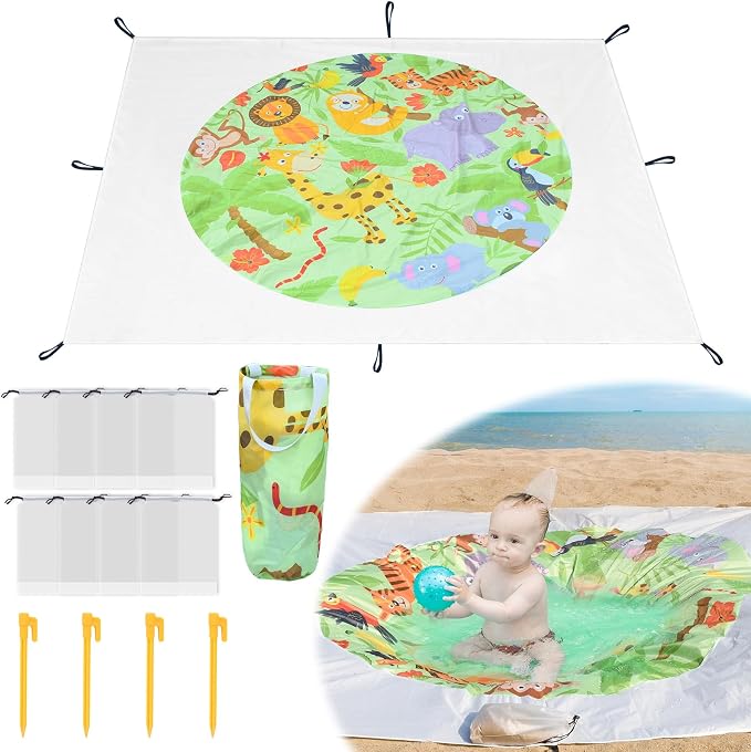 6.6 X 6.6 Ft Baby Beach Pool, 2 in 1 Portable Kids Beach Play Pool Puddle Toddler Beach Blanket and Kiddie Pools Green Cartoon Childs Sand Pit Paddling Pools with Water Bag for Boys Girls Outdoors