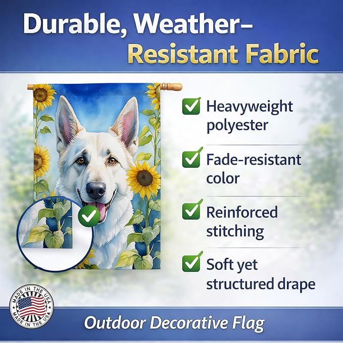 Caroline's Treasures DAC6083CHF White German Shepherd in Sunflowers House Flag Large Porch Sleeve Pole Decorative Outside Yard Banner Artwork Wall Hanging, Polyester, House Size, Multicolor