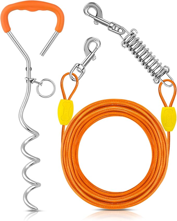 Petbobi Dog Tie-Out Cable and Stake - 20ft Heavy Duty Cable with Spring, No Tangle, 16in Ground Stake, Ideal for Outdoor Yard, Camping, Suitable for Small Medium Large Dogs Up to 120 lbs, Orange