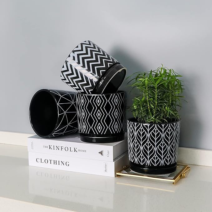 Ton Sin Flower Pots, 5.5 Inch Black Ceramic Planter Pot with Drainage Hole, Indoor Cylinder Plant Pots with Saucer, Cactus Succulent Pots Outdoor Garden Pots Set of 4