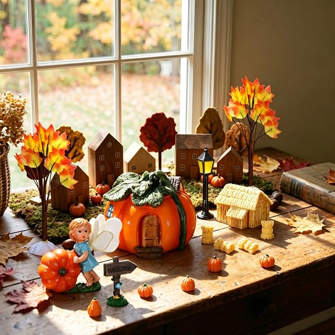 Pinkunn 16 Pcs Fall Miniature Fairy Garden Accessories Set Pumpkin Figurines House Straw Bales Welcome Sign Maple Trees for Autumn Harvest Thanksgiving Halloween Decor for Terrarium Dollhouse