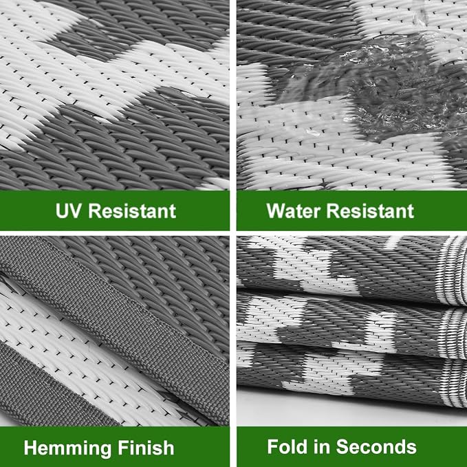 RURALITY Outdoor Rugs 6x9 Feet for Patios Clearance,Plastic Straw Waterproof Mats for Backyard,Porch,Deck,Balcony,Grey&White