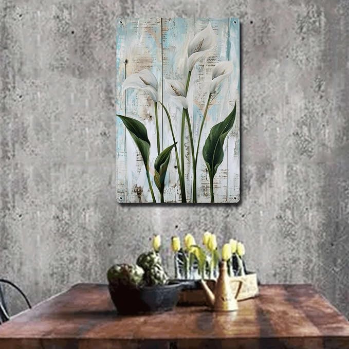 Metal Sign Tin Sign Vintage Wall Art Vintage Peace Lilies Tin Sign for Shabby Chic Style Green Stem Displays and Corrosion Resistant A Boho Office Decor for Home Decor 8×12 Inches