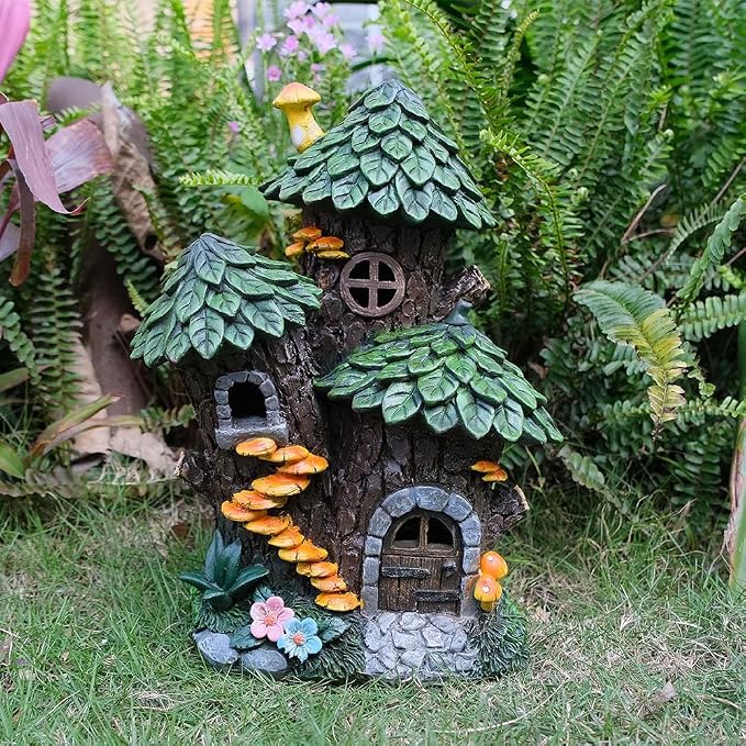 Solar Garden Tree Fairy House Outdoor Statues Yard Resin Decoration Gift Handmade Housewarming Gift for Patio Yard Lawn Waterproof Cracking