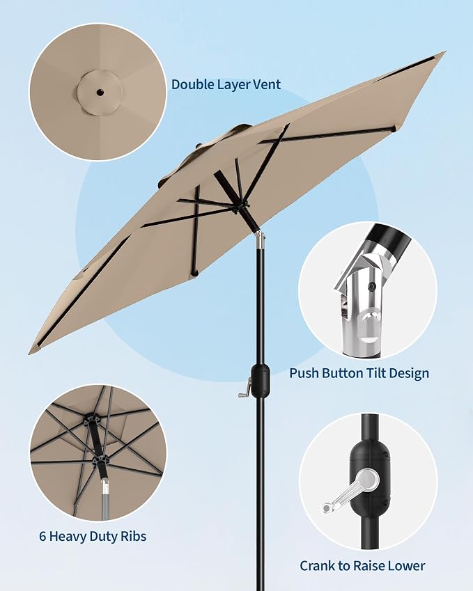 GarveeLife 7.5 ft Outdoor Patio Umbrella, Outdoor Table Umbrella, Market Umbrella with Push Button Tilt and Crank, 6 Sturdy Ribs UV Protection Waterproof for Garden, Deck, Backyard, Pool (Tan)