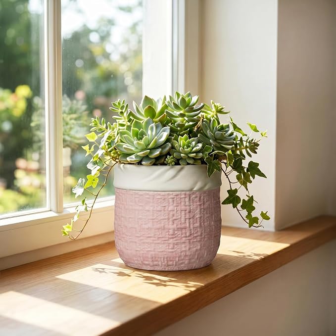 6 Inch Plant Pot - Ceramic Planter for Indoor Outdoor Plants, Round Decorative Planter with Drainage Hole and Plug, Boho Plant Pots, House Room Garden Decor, Plant Lover Gifts, Pink