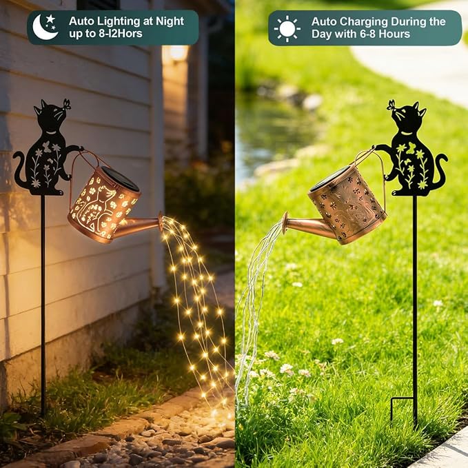 Solar-Powered Cat Watering Can Lights with Metal Cat Statue Silhouette Pillar Garden Feature Light, for Christmas, Mother's Day, Birthday Gifts, Garden, Lawn, and Courtyard Decorations