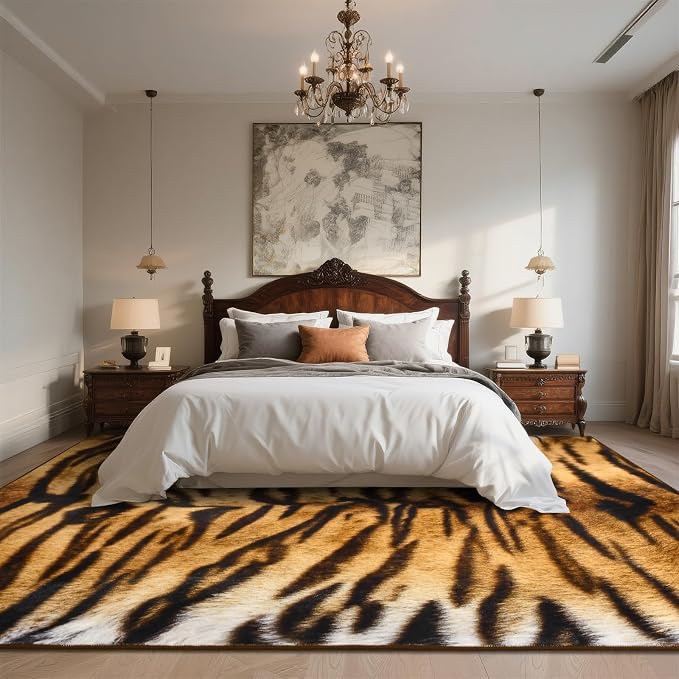 DweIke Tiger Rugs for Living Room, 8x10 Large Soft Faux Animal Tiger Print Area Rug, Washable Non-Slip Stain Resistant Throw Carpet for Dining Room Office Western Home Decor