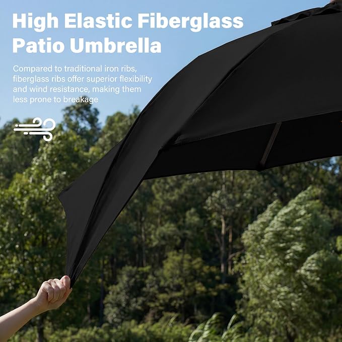 JEAREY 9FT Outdoor Patio Umbrella,Market Table Umbrella with 8 Fiberglass Ribs, Pool Umbrella with Tilt and Crank, UV Protection Lightweight & Wind-Resistant for Lawn, Garden, Deck and Backyard, Black