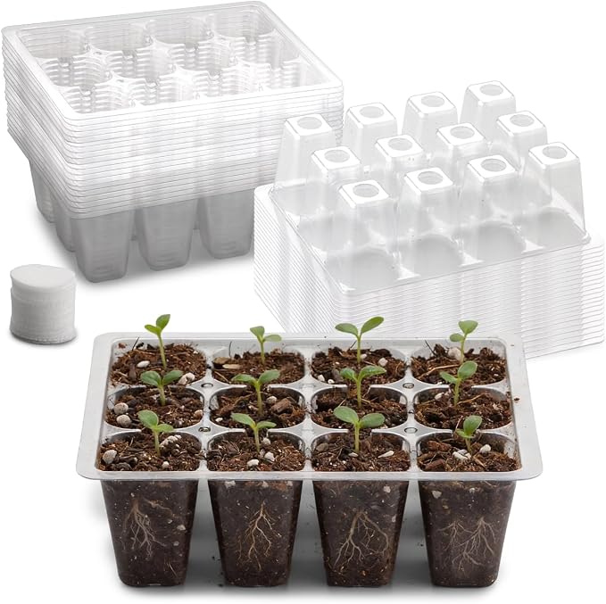 RooTrimmer 40 Pack Reusable 12-Cell Clear Seed Starter Trays - Extra Large Drainage Holes, Easy to Repotted, Clear Transparent Tray for Root Observation, Seed Starting, Fits 1020 Flats and TD377 Trays