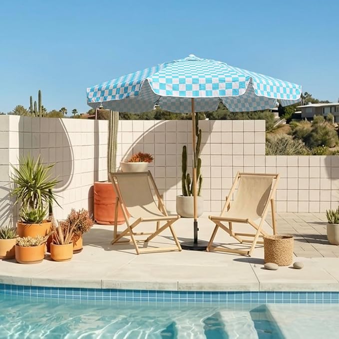 AMMSUN 7.8ft Outdoor Patio Umbrella, Boho Beach & Market Umbrella with UPF 50+ Water-Resistant Canvas, Ash Wood Pole, Air Vent and Carry Bag for Patios, Gardens, Decks and Poolside (Cyan Checker)