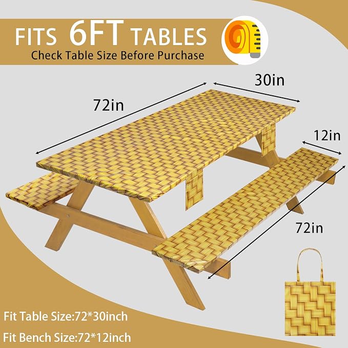 Fitted Picnic Table Cover with Chair Covers Elastic Water Resistant Camping Tablecloth for 6 Foot Rectangle Tables Garden Patio Outdoor Organization Road Trip Hiking Motorhome Essential Gift