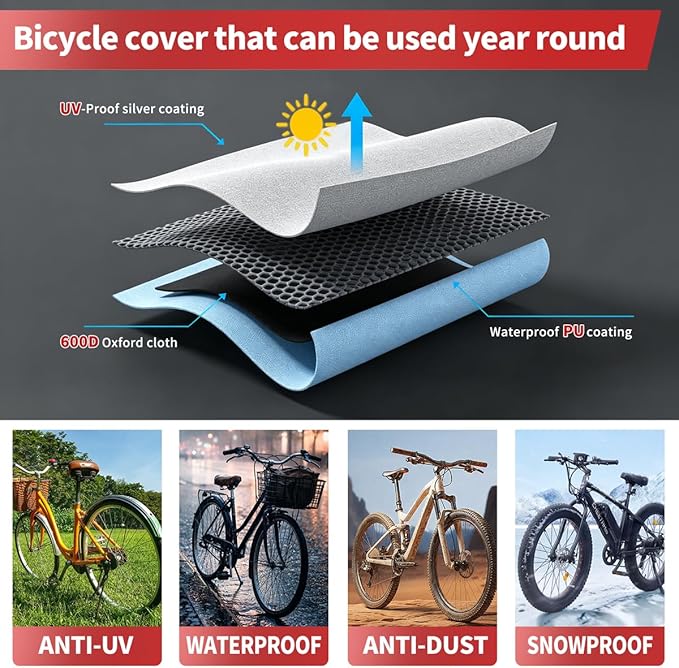 Bike Cover Waterproof Outdoor, 600D Heavy Duty Bicycle Tarp Rain Sun UV Dust Windproof with Reflective Strips Storage Bag, Fits Mountain Road Electric (Black,79×28×43.5in 1 Bike)