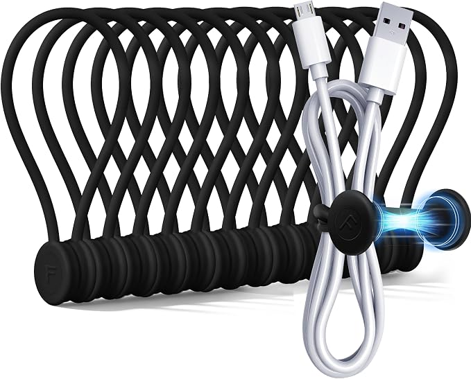 COOLMI Magnetic Cable Ties 12 Pack, 6.88 Inch Reusable Silicone Cord Organizer Wraps, Strong Magnet Cable Management Straps for Charging Cords, USB Cables, Earbuds, Desk, Travel, Black