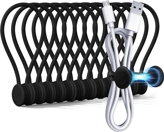 COOLMI Magnetic Cable Ties 12 Pack, 6.88 Inch Reusable Silicone Cord Organizer Wraps, Strong Magnet Cable Management Straps for Charging Cords, USB Cables, Earbuds, Desk, Travel, Black
