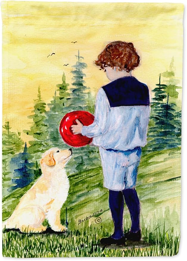 Caroline's Treasures SS8530GF Little Boy with his Golden Retriever Garden Flag Mailbox Flag Decorative Yard Flag Banner Outside Patio Artwork Yard Flower Beds, Garden Size, Multicolor