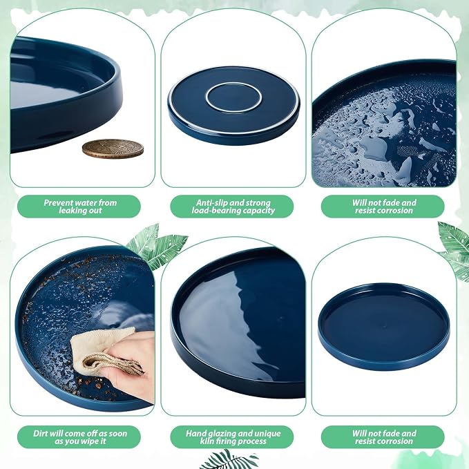 2 Pcs 8 Inch Ceramic Plant Saucer Outdoor Indoor Plant Tray Round Flower Pot Drip Trays Blue Flower Drainage Tray Glazed Pots Base for Holding Water Drips and Soil