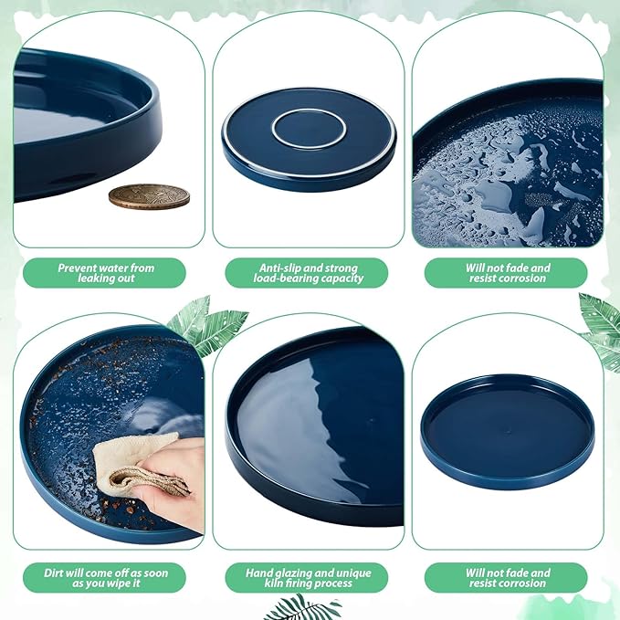 2 Pcs 10 Inch Ceramic Plant Saucer Outdoor Indoor Plant Tray Round Flower Pot Drip Trays Blue Flower Drainage Glazed Pots Base for Holding Water Drips and Soil