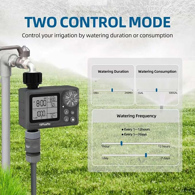 New Programmable Water Volume Control Sprinkler Timer, Water Duration Control Hose Timer with Water Meter, Auto and Manual Watering for Irrigation, Garden and Drip System (1 Pack)