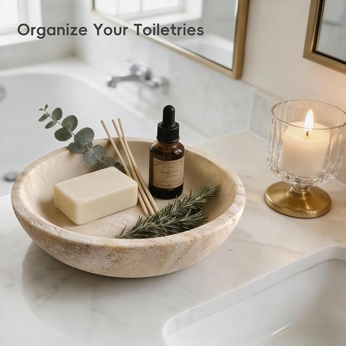 Travertine Bowl,Decorative Bowl Modern Key Bowl for Entryway Table, Pedestal Bowls for Dining Table Center,Living Room, Kitchen Decor Modern Home Decor Marble Bowls (7.8 Inch)
