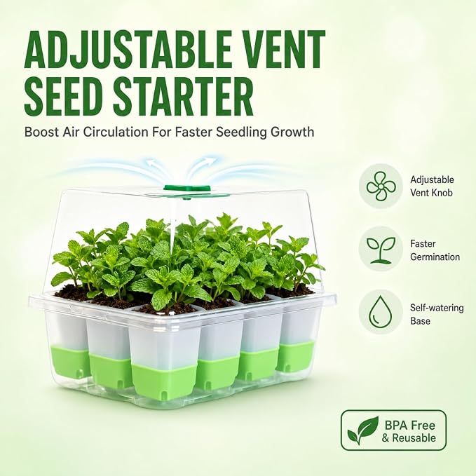 Silicone Seed Starter Tray with Humidity Dome, Indoor Seedling Starter Kit, 5-Pack Flexible Germination Trays - Adjustable Vent, Reusable & Dishwasher Safe for Herbs/Vegetables/Flowers
