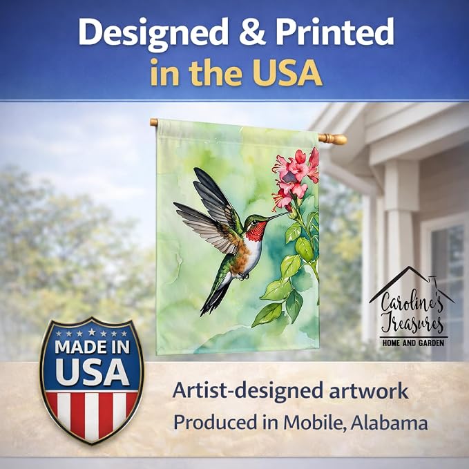 Caroline's Treasures Rubythroated Hummingbird House Flag Large Porch Sleeve Pole Decorative Outside Yard Banner Artwork Wall Hanging, Polyester, House Size, Multicolor