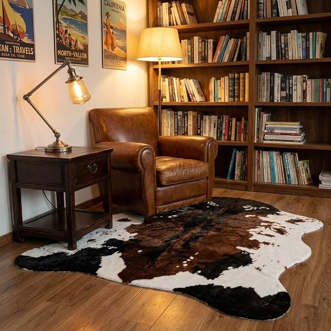 MustMat Brown Faux Cowhide Rug, American Rustic Decor 4'7"x 5'3" | Perfect For Corners & Sofa Front. Complements Western & Vintage Styles, Great for Halloween and Christmas Decor