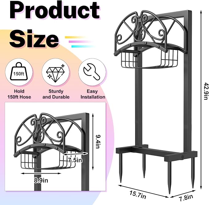 Garden Hose Holder, Metal Water Hose Holder with Storage Basket, Heavy Duty 4 Spikes Hose Hanger Holds 150 Feet Hoses, Freestanding Hose Storage Reel Rack for Outdoor Yard Lawn,Line
