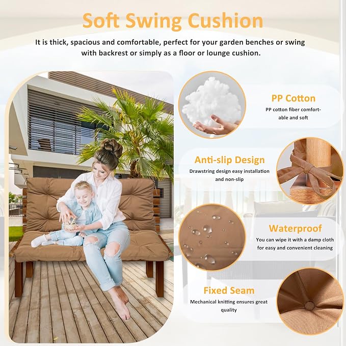 Swing Replacement Cushions for Outdoor: 2-3 Seater Waterproof Porch Bench Cushion with Backrest and Ties - 4" Thick Swing Cushion for Garden Patio Backyard Loveseat