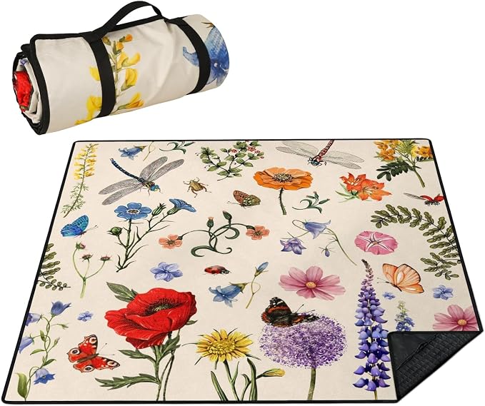 Picnic Blankets Waterproof Foldable Extra Large,80"x 80" Outdoor Beach Blanket Sandproof,3-Layer Lightweight Handy Mat Tote Picnic Camping Rugs for Outside Your Rv (Farmhouse Floral)