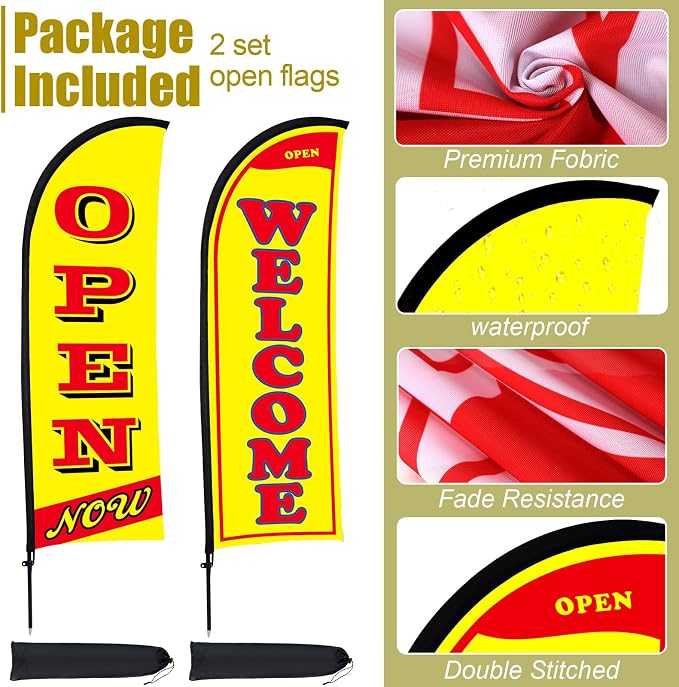 Buryeah 2 Sets Now Open Flag Banner for Business Advertising 7 ft Feather Flag Sign with Flagpole Ground Stake Portable Bag (Yellow)