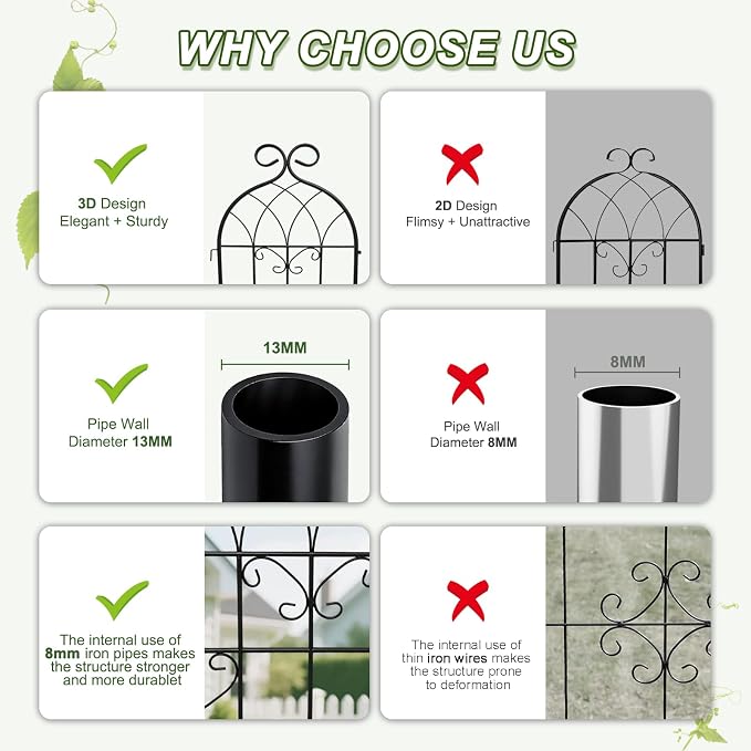 YOBAZAN 4 Pack 71x19.7in Rustic Iron Arch Decoration Garden Trellis with Black Metal Coating – Perfect for Supporting Climbing Plants Outdoor, Roses, Vines, Flowers, and Vegetables.