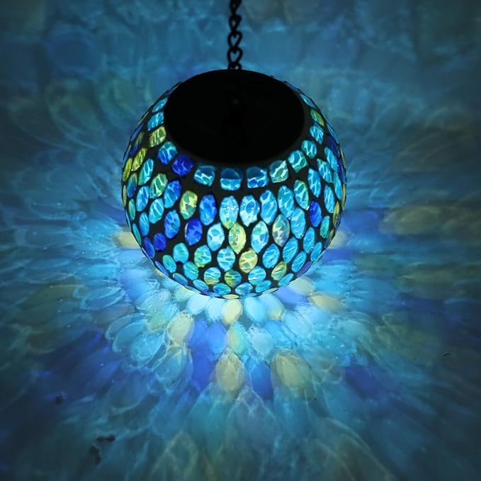 Mosaic Solar Lantern Outdoor Waterproof Glass Hanging Solar Lights, Blue | Solar Hanging Lantern IP44 Waterproof Mosaic Gazing Ball with White LED Lights, Metal Hanging Chain, Outdoor Pathway Decor