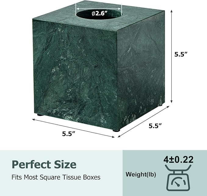 Real Natural Marble Tissue Box Cover, 5.5 Inch Square Marble Tissue Box Holder with Open Bottom, Heavy Stone Decorative Organizer for Bathroom Vanity, Kitchen Countertop, Luxury Home Décor