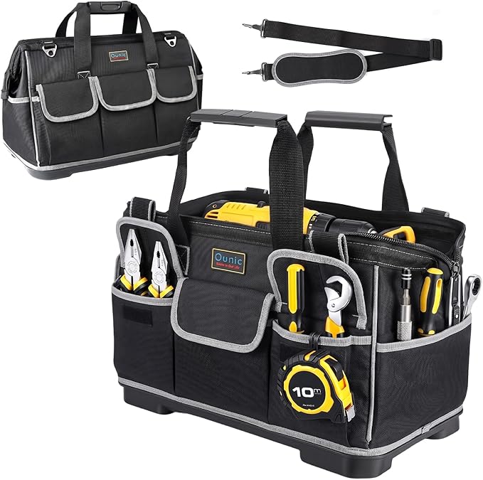 Tool Bag, Ounic 20 Inch Large Tool Tote Bag Heavy Duty With Waterproof Molded Base, Wide Mouth Tool Box Organizer with Adjustable Shoulder Strap for Electrician Mechanic Craftsman Plumbers(Black)