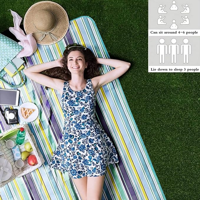 K Y KANGYUN Extra Large Picnic Blanket Outdoor Beach Blankets, Water-Resistant Foldable Sandproof Blankets Cute Picnic Mat for Beach, Camping Grass Lawn Park Mats (Blue, 80x80 in)
