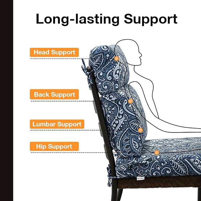 Unimatta Outdoor Separate High Back Chair Cushion Seat Pads, 2-Pack 44 x 21 Inch Water-Repellent & Fade-Resistant Patio Furniture Cushions with Ties for Adirondack, Rocking Chairs, Damask Blue Flower